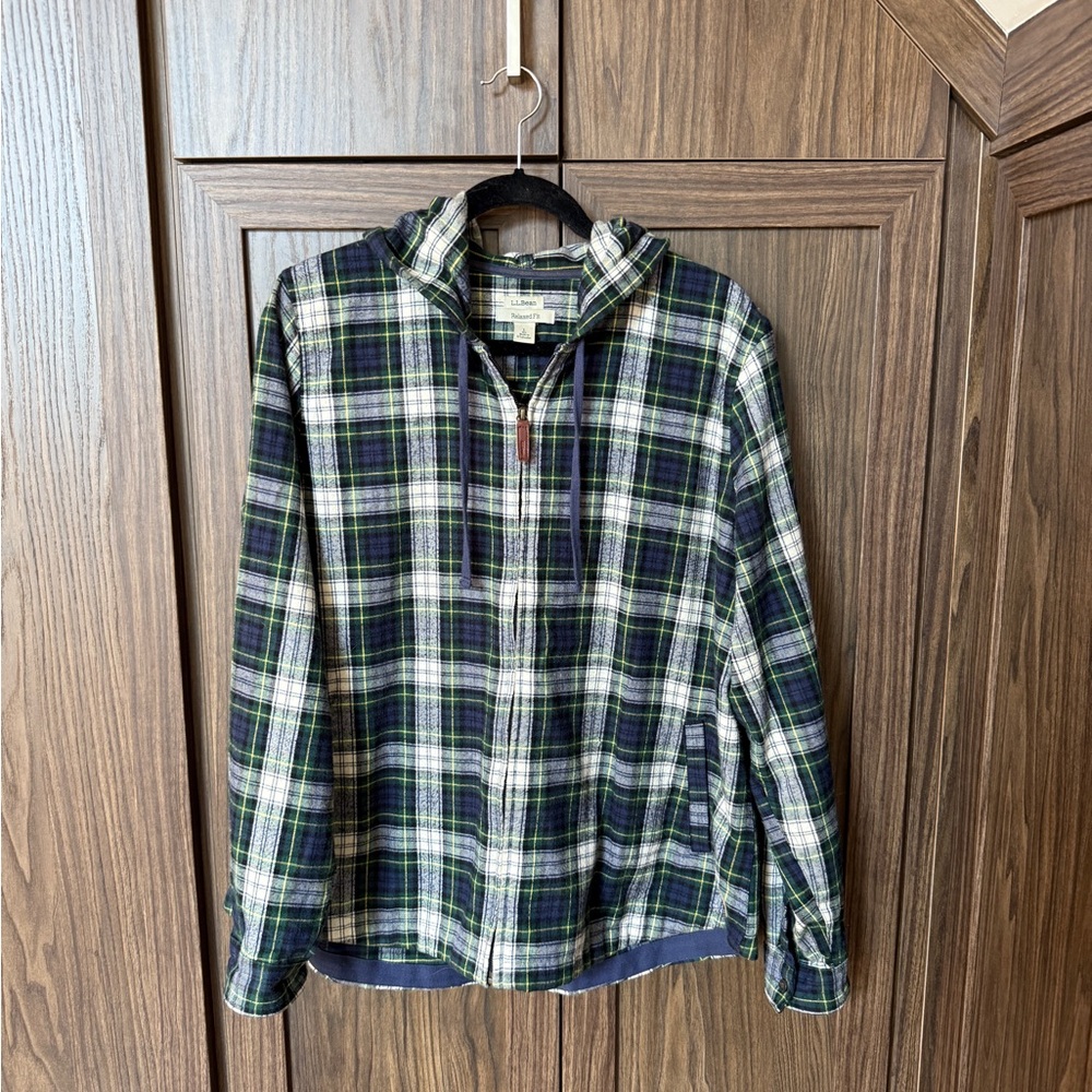 L.L. Bean Blue and Green Plaid Hooded Shirt Jacket